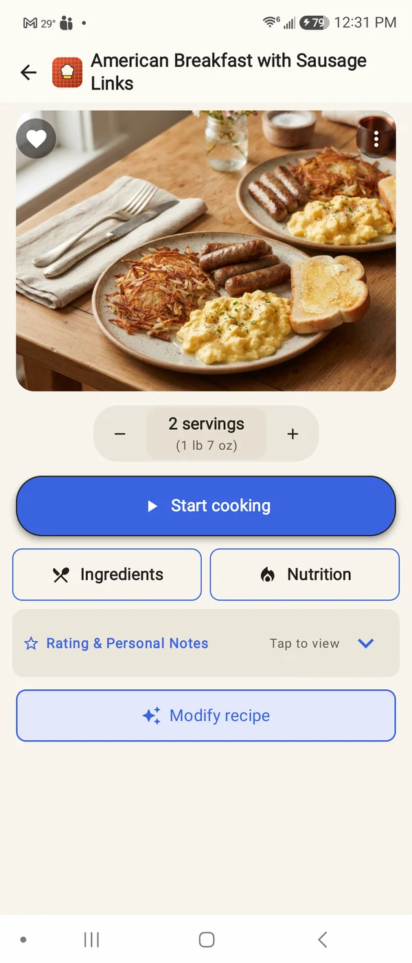 Recipe details with servings selector and Start cooking button
